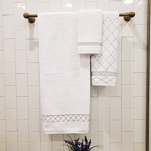 Sparkles Home Set Of 3 Piece Rhinestone Towel Set With X Design - Soft, Premium Quality Absorbent Towels For Bathroom, White #TOP1