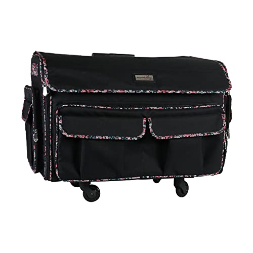 Everything Mary XXL Rolling Sewing Machine Case – Black Floral Wheeled Craft Bag – Compatible with Large Brother & Singer Machines – Durable Travel Storage Tote
