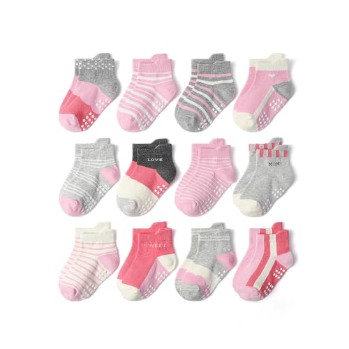 12 pairs Non-Slip Cartoon Kids Socks for Boys&Girls– Combed Cotton, Breathable&Comfortable Socks for Babies&Toddlers (KB179,Medium)