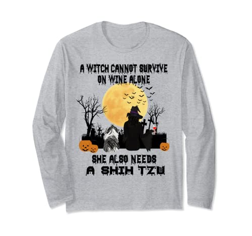 Witch Wine And Shih Tzu Dog Mom Funny Halloween Costume Maglia a Manica