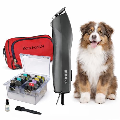 Rotschopf24 Edition: Profi Hunde Schermaschine MAX 50+ mit 8 extra Metallaufsteckkämme + Tasche. Stärker als Moser MAX50