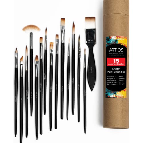 ARTIOS Handmade Professional Artist Painting Brush Set for Acrylic, Watercolor, & Gouache Painting with Brush Holder - Cruelty-Free (15 Assorted Brushes)(Wood), Synthetic Bristle (Image - 1)