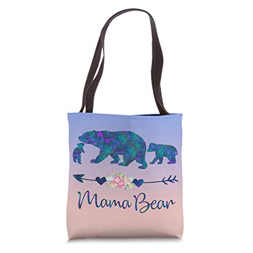 Bolso tote azul turquesa y morado con estampado de osa mamá y dos crías, flores acuarela en fondo rosa y azul miniatura 1