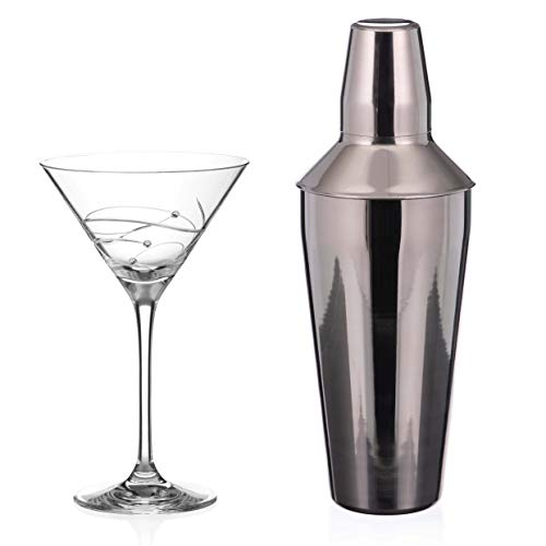 DIAMANTE Martini cocktiail Shaker and Glass Set 'Spiral' - Martini Set with one Metal Shaker and 1 'Spiral' Crystal Martini Glass Gift Set
