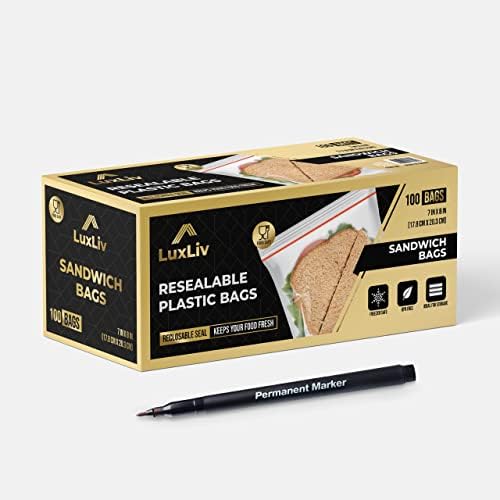 100 x LuxLiv ® Plastic Sandwich Bags & Pen  Premium Zip Food Bags  Lunch Bags Ziplock Bags Closure  100 Snack Bags  7 x 8-inch Freezer Bags  Non-BPA Plastic  Reusable Bags
