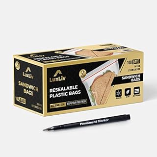 100 x LuxLiv ® Plastic Sandwich Bags & Pen  Premium Zip Food Bags  Lunch Bags Ziplock Bags Closure  100 Snack Bags  7 x 8-inch Freezer Bags  Non-BPA Plastic  Reusable Bags