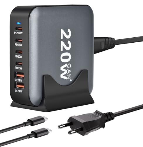 220W Cargador USB C Multiple, 6 Puertos GAN III Cargador Rapida Tipo C, Estación de Carga USB, PD+QC Adaptador de Corriente para iPhone, Samsung, iPad, MacBook Pro, Portátil con 1,5m 100W USB C Cable