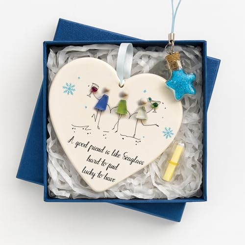 Heart-Shaped Sea Glass Friendship Ornament – Natural Seaglass Heart Décor Gift for Christmas Tree Hanging Ornaments, Best Friends (Lucky to Have)