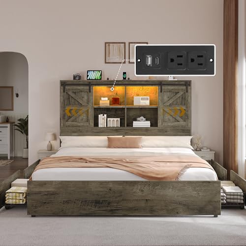 DWVO Farmhouse King Size Bed Frame with Storage Bookcase Headboard, Sliding Barn Door, 4 Storage...
