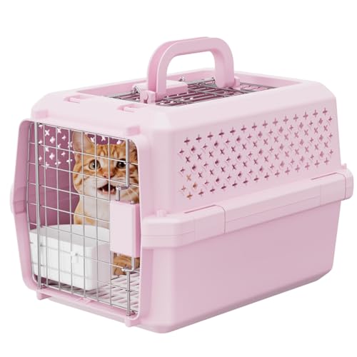 RIZZARI Small Hard Sided Pet Carrier, Ventilated Plastic Travel Crate with Metal Door and Top Handle for Small Dogs and Cats, Pink Small, Ideal for Car Travel Vet Visits and Daily Use