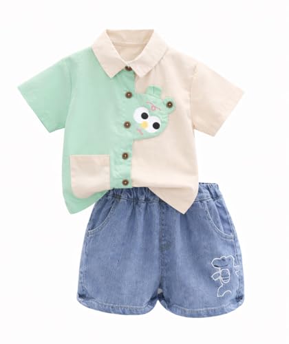 Image of Bold N Elegant Kids Summer Cotton Half Sleeve Dinosaur Collar Shirt n Denim Shorts for Infant Toddler Boys Smart Casual Clothing Set