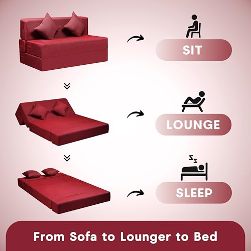 Image of Amazon Brand - Solimo 2 Seater 4 * 6 Jute Fabric Washable Cover Sofa Cum Bed with 2 Cushion 2 Seater Double Foam Fold Out Sofa Cum Bed (Finish Color - Maroon Delivery Condition - Pre-Assembled)