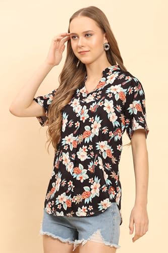 Image of Womens Casual Shirt Soft Beach Shirts Floral Tropic Print V Neck T-Shirt Short Sleeve Button Up Tops