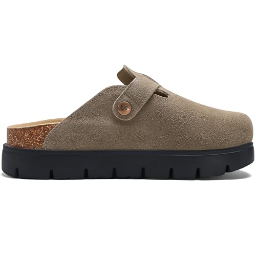 Image of Women's Suede Platform Clogs Leather Mules Slip On Indoor Outdoor Shoes | Arch Support, Cork Footbed, Adjustable Buckle,Water Resistant Upper,All Day Comfort