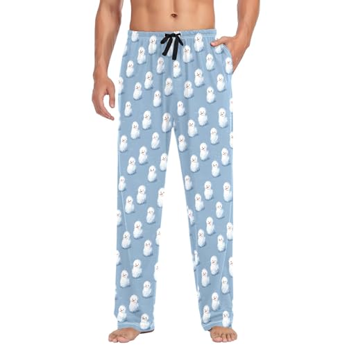 Mens Cotton Pajama Pants Sleep Lounge Pj Bottoms Sleepwear with Pockets Drawstring S Snowman Gray Blue Background