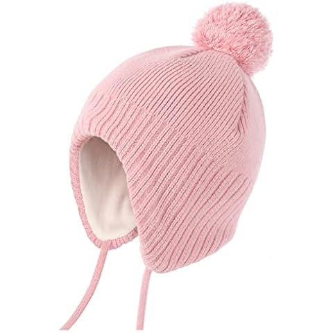 Hatiis Toddler Baby Winter Hat Warm Lined Kids Knitted Hat with Ear Flap Pom Pom Beanie for Girls and Boys, pink, 6-24 Months Cover