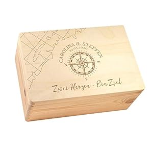 Casa Vivente Erinnerungsbox zur Hochzeit mit Gravur, Personalisiert mit 2 Namen und Datum, Motiv Kompass…