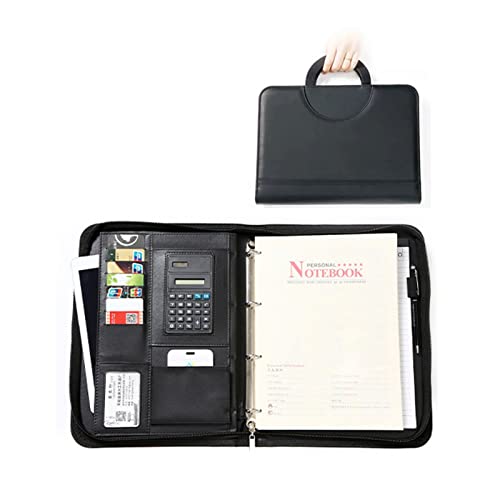 PUレザーフォルダー 多機能ポータブルジッパーバッグ A4サイズ バインダー 二つ折り クリップボード ペンホルダー ポケット付き 名刺入れ 贈り物(Black)