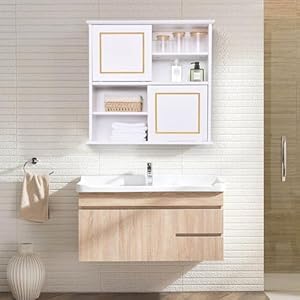 Wall Storage Cabinet Bathroom Medicine Cabinets with Sliding Door and Adjustable Shelves Wood Fashion Cabinet for Bathroom Kitchen Living Room White