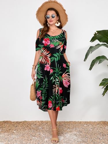 Image of LARACE Plus Size Women Dress for Summer, Midi Women's Sundress, Casual V-Neck Short Sleeve Flowy T-Shirt Dresses with Pockets