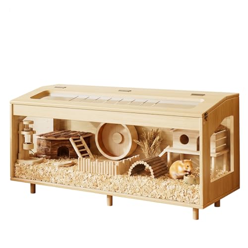 HOTAMO Wooden Hamster Cage 39.4 Large Small Animal Cage with 19.7 Tall Habitat Openable Top Chew-Resistant Acrylic Panels Wood Enclosure for Gerbil & Guinea Pig (39.4 * 15.75 * 19.7 inch)