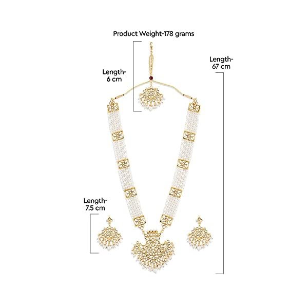 ZAVERI PEARLS Gold Tone Kundan Long Necklace Earring Maangtikka & Ring Set For Women-ZPFK10780 - Image 7