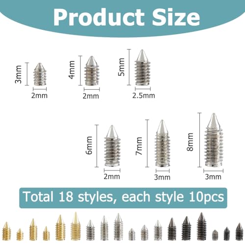 Hobbspring 180Pcs 6 Sizes Carbon Steel Belt Tip Screws Set Tip Point Screw Assortment Kits Pointed Cross Slot Leather Accessories For Belt Buckle Wallet Handbag Purse - Image 2