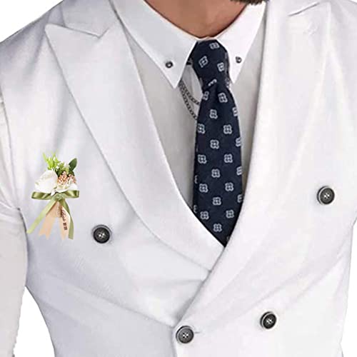 Men's Formal Waistcoat Wedding Herringbone Classic Solid Double Breasted Waistcoats for Party Business Dress Suit Vest (Color : White, Size : Small)4