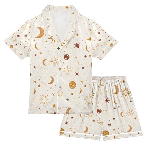 senya Moons and Planets Satin Summer Pajama Sets Silk Short Sleeve Button Down Sleepwear