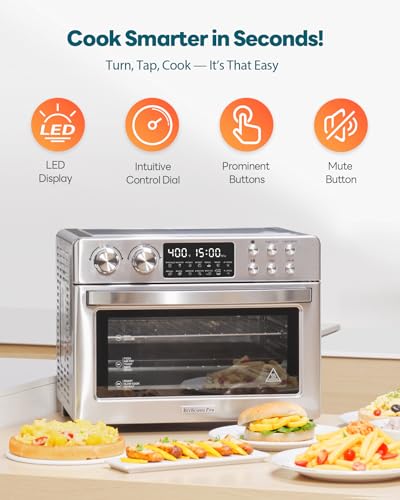 Image of 28QT Air Fryer Toaster Oven Combo, Large 12-in-1 Convection Countertop Oven with Next-Gen HeatWave Convection, 3-Layer Cooking, Rotisserie for Chicken, Fits 11 inch Pizza, All Accessories, Stainless Steel