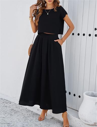 Image of HangNiFang Summer Skirt Sets Women 2 Piece Outfits Cap Sleeve Top Elastic Waist Maxi Dress Sets with Pockets
