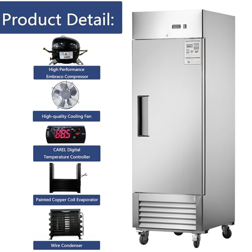 Image of 27 inch W Commercial Refrigerators, 1 Solid Door Stainless Steel Upright Commercial Freezer, Commercial Fridge 18.68 Cu.ft Fan Cooling for Restaurant Kitchens