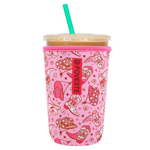 Image of Reusable Neoprene Insulator Sleeve for Iced Coffee & Cold Soda, Coffee Sleeves for Iced & Hot Drinks, Cold Beverage Cooler Compatible with Starbucks, Dunkin (Cowgirl Spirits, Medium: 22-24oz)