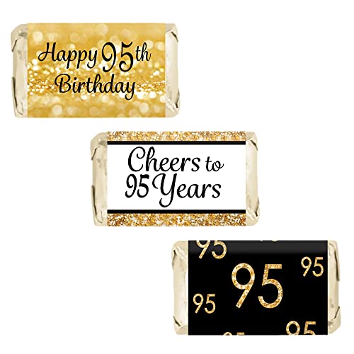DISTINCTIVS Black and Gold 95th Birthday Mini Candy Bar Wrappers - 42 Stickers, 95th Birthday Decorations