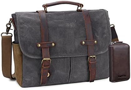 Messenger Bag for Men, 15.6 Inch Waterproof Vintage Genuine Leather Laptop Briefcase Waxed Canvas Large Computer Satchel bag Travel Leather Shoulder Work Bag with Key Bag (Dark grey)