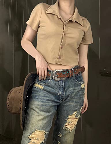 Topacc Western Belts For Women Turquoise Brown Bling Cowgirl Floral Embossed Engraved Tooled Country Belt For Jeans Gilrs #TOP3