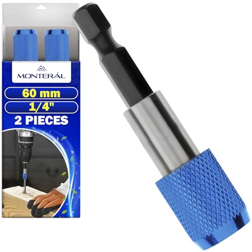 2 Stück Bithalter Magnetisch 1/4 x 60 mm mit Aluminium Bit Blocker - Bit Halter Universal für Bohrmaschine und Akkuschrauber - Hergestellt aus Chrom-Vanadium-Stahl - MONTERAL