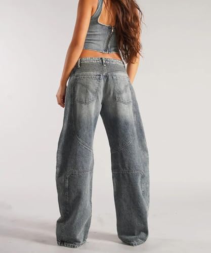 Women's Vintage Low Rise Stretchy Washed Wide Leg Jeans Casual Baggy Distressed Straight Denim Pants4