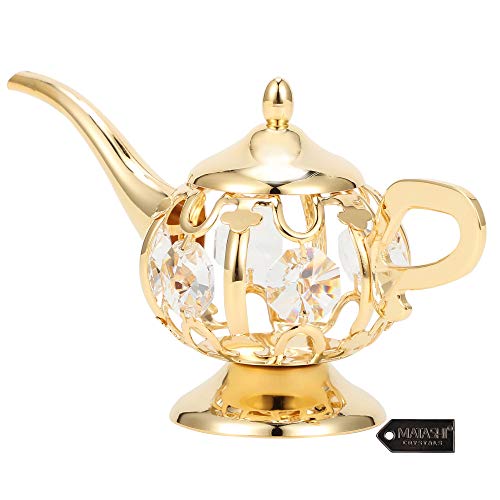Matashi 24K Gold Plated Highly Polished Aladdin Magic Genie Lamp Ornament Showpiece for Home Decoration Made with Genuine Crystals Gift for Christmas Thanksgiving