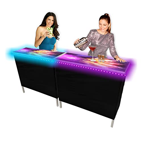PARTYPONG Folding Portable Party Bar w/ 16 LED Light Colors & Wireless Remote, Prism Graphic, Black Skirt, and Storage Shelf - Double