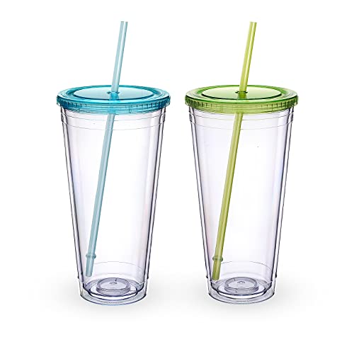 Luxfuel 32 oz Acrylic Tumblers with Lid & Straws, Double-Walled Insulated Clear Plastic Drink Cup, BPA-Free, Reusable Iced Coffee Cups for Parties, Birthdays, Graduation, Fits Car Cup Holder