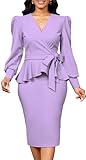 sexycherry Light Purple Dresses for Women Elegant Wrap V Neck Long Puff Sleeve Ruffle Peplum Business Formal Wear to Work Dress (Small)