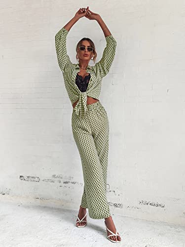 Floerns Women's 2 Piece Outfits Slit Hem Longline Blouse And Wide Leg Pants Set Green Argyle S #TOP5