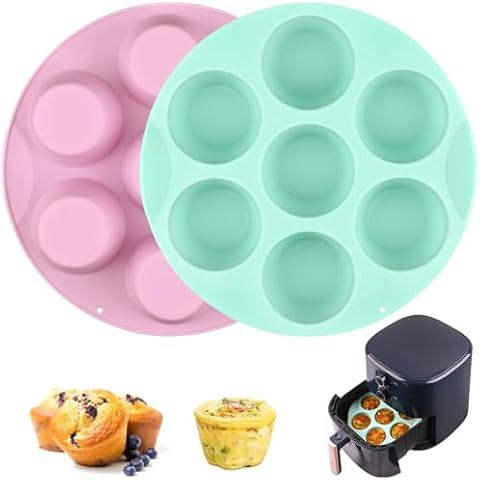 Sakolla 2 Pack Silicone Egg Bite Molds for Air Fryer, Nonstick 7 Cups Air Fryer Muffin Pan for Baking Egg Bite, Mini Muffins, Tart, Mini Cupcake and Quiche (Pink + Green) Cover