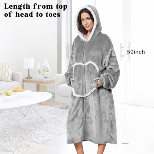 Image of Oversized Wearab Blanket Hoodie, Cozy Flannel Blanket with Sleeves and Zipper for Women, Mens, Teens