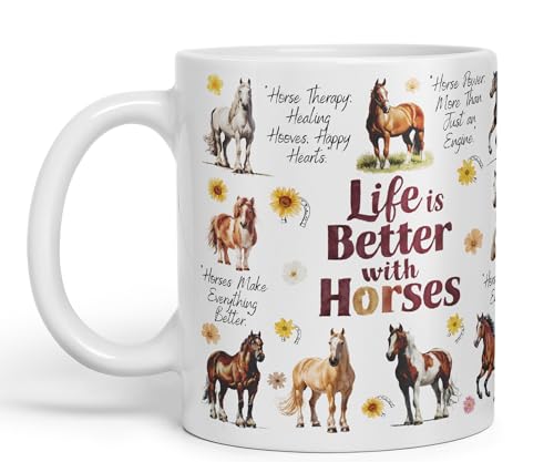 Vixar Tazza in ceramica colorata con scritta "Life is better with Horses horse joke", per tè, caffè, birra calda, 330 ml, regalo (bianco)