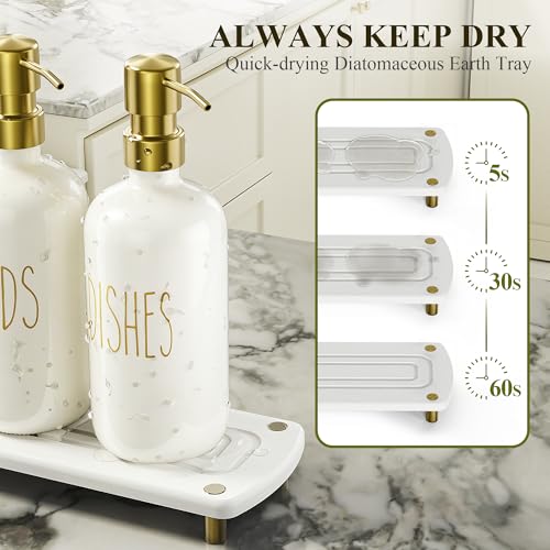 Image of Cisily Kitchen Soap Dispenser Set Comes with Ceramics Sponge Holder, Gold Pumps, and Instant Dry Tray, Hand and Dish Soap Dispenser Set (4, Gold + Off White + Sponge Holder)