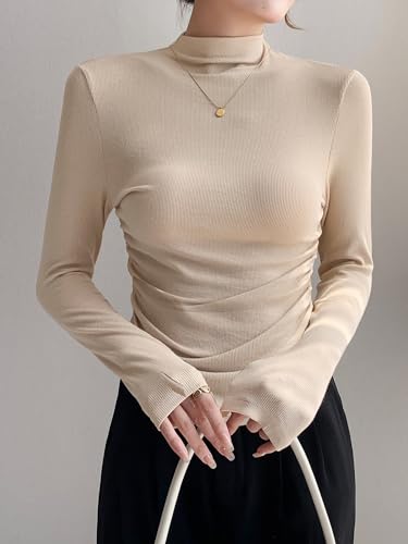 Women Mock Neck Ruched Shirt Knitting Long Sleeve Casual Cozy Tight Crop Top2