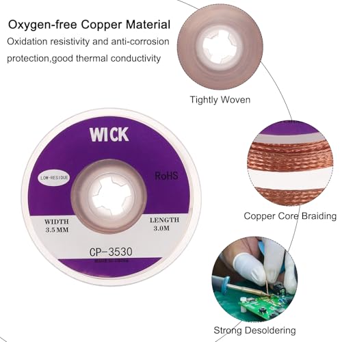 Image of MECCANIXITY Solder Wick Braid No-Clean Desoldering Wick Braid 0.14 Inch Width 10 Feet Length for Remove the Solder Electrical Components 3 Pack