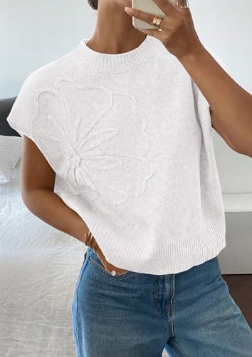 PRETTYGARDEN Women's 2026 Spring Sweater Vest Trendy Flower Knit Short Sleeve Cute Pullover Tank Tops Summer Fashion Clothing (White,Medium) — view 3
